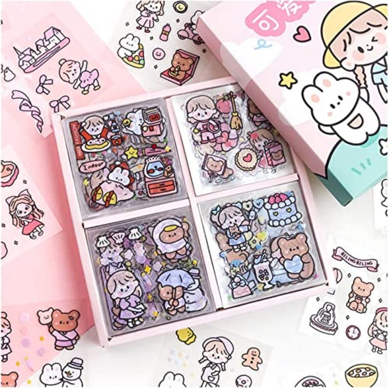 Stickers Set, 100 Sheets 600+ Small Pieces Cute PET Transparent Cartoon Character Animal Flower Decorative Scrapbook Sticker Decal for DIY Arts Crafts, Album, Planners, Calendars and Notebook - Image 1