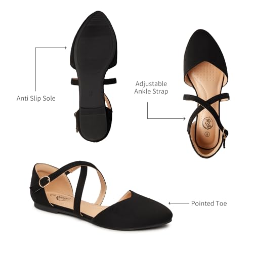 Trary Black Mary Jane Flats for Women, Pointed Toe Suede Ballet Flats with Double Cross Ankle Straps, Comfortable Casual Dress Shoes Size 8 - Image 2