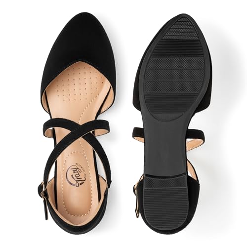 Trary Black Mary Jane Flats for Women, Pointed Toe Suede Ballet Flats with Double Cross Ankle Straps, Comfortable Casual Dress Shoes Size 8 - Image 3