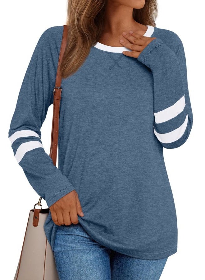 AUTOMET Womens Long Sleeve Shirts Color Block Casual Crewneck Tops Tshirt Basic Tee Fall Fashion Clothes Trendy Outfits, Lightblue, XL - Image 1