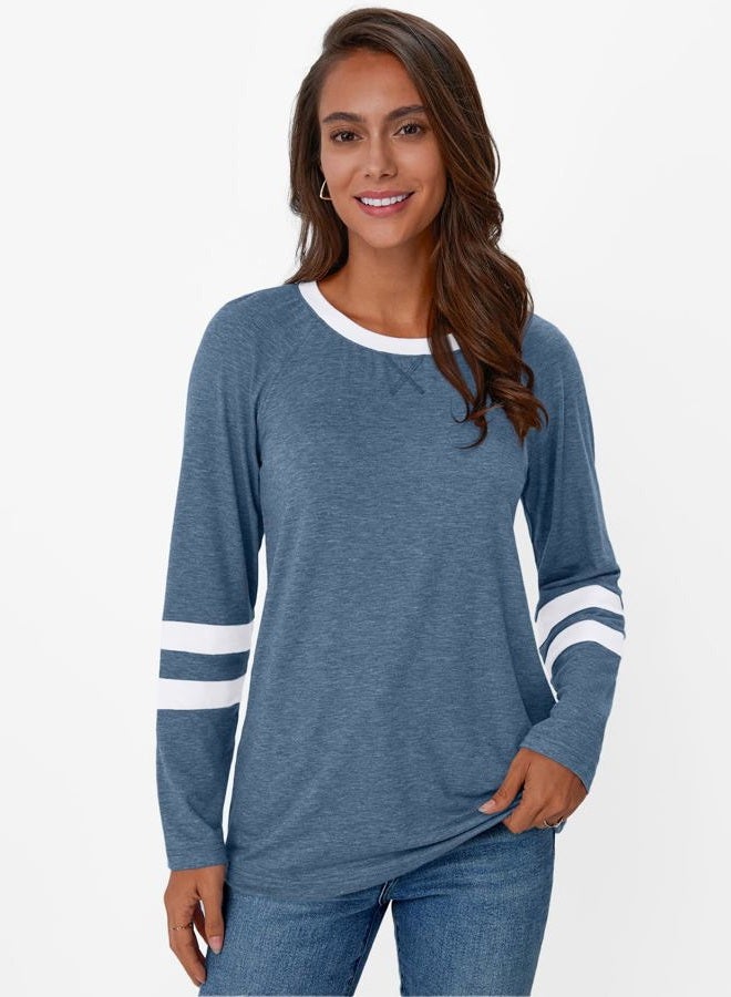 AUTOMET Womens Long Sleeve Shirts Color Block Casual Crewneck Tops Tshirt Basic Tee Fall Fashion Clothes Trendy Outfits, Lightblue, XL - Image 2