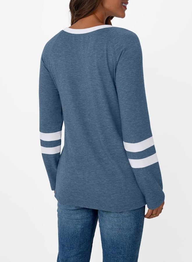 AUTOMET Womens Long Sleeve Shirts Color Block Casual Crewneck Tops Tshirt Basic Tee Fall Fashion Clothes Trendy Outfits, Lightblue, XL - Image 3
