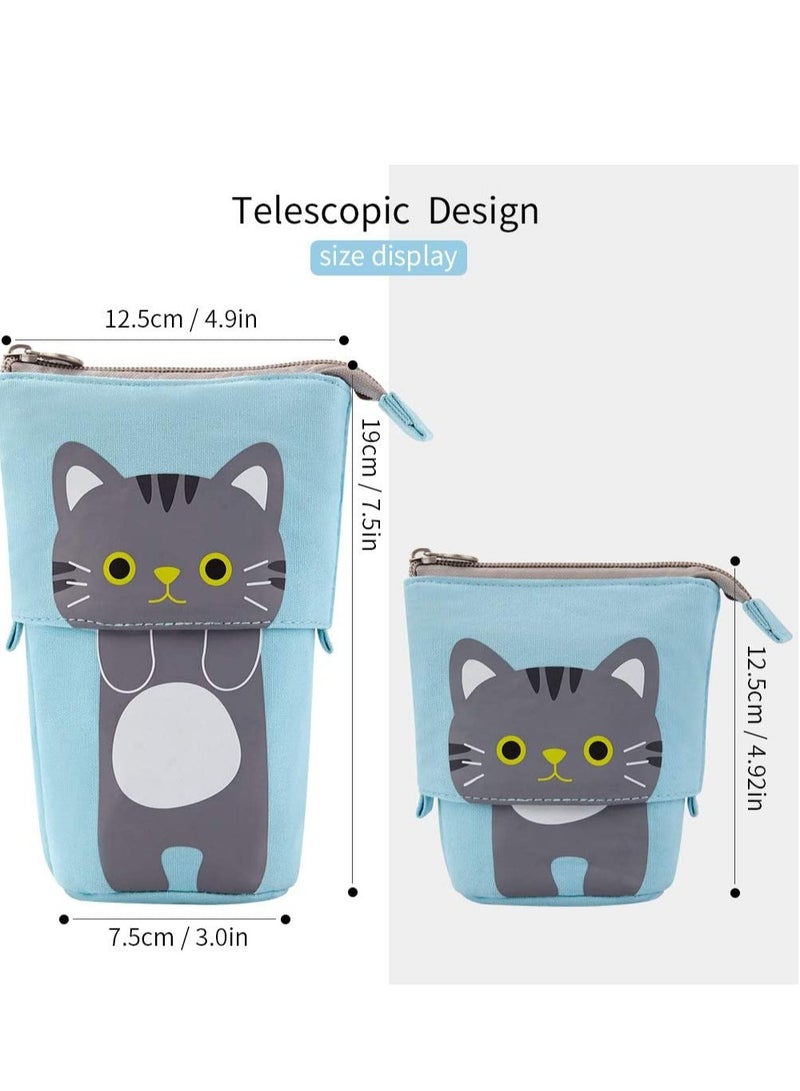 SOLARAE Pencil Holder, Transformer Stand Store Holder Canvas PU Cartoon Cute Cat Telescopic Organizer Cosmetics Pouch Makeup Bag up Case for Student Girl Boy Adult - Image 3