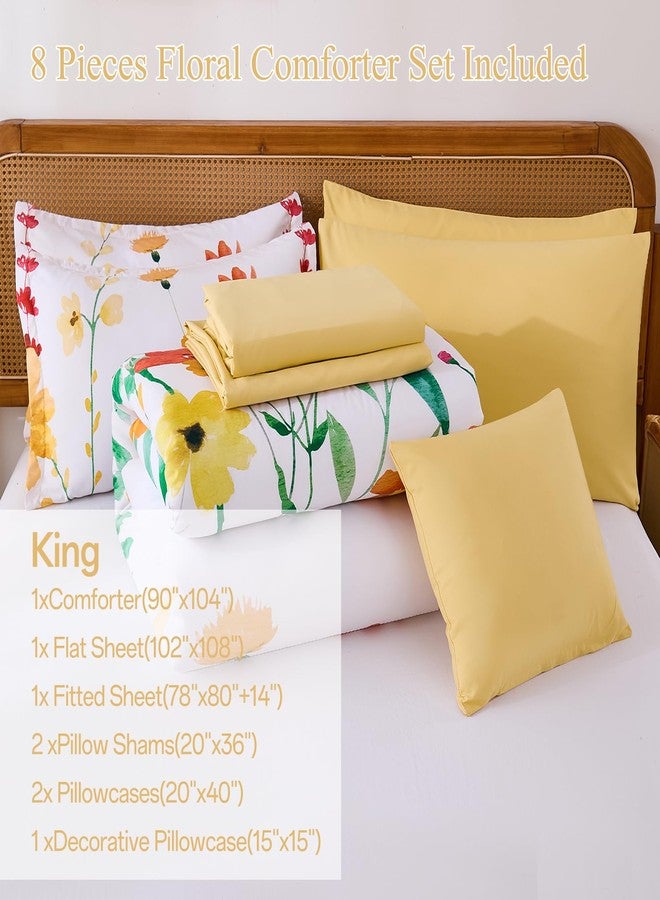 Anibedding Annibedding Floral Comforter Set King Size 8 Piece, Yellow Botanical Flower Bed in a Bag, Elegant Bright Floral Reversible Comforter, Soft Microfiber Bedding Set for All Season (90"x104") - Image 4