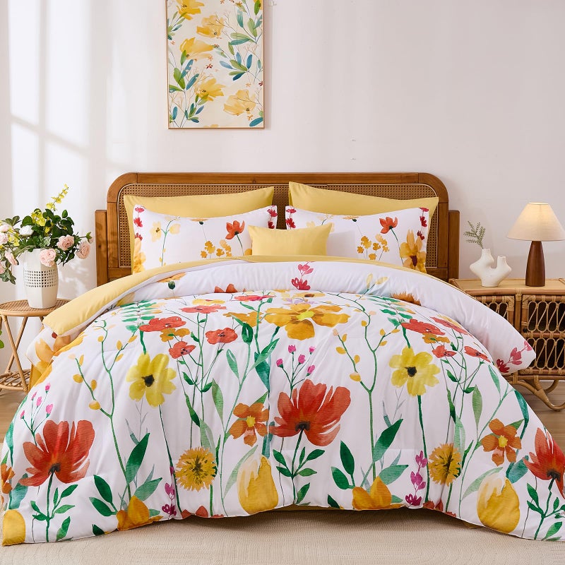 Anibedding Annibedding Floral Comforter Set King Size 8 Piece, Yellow Botanical Flower Bed in a Bag, Elegant Bright Floral Reversible Comforter, Soft Microfiber Bedding Set for All Season (90"x104") - Image 1