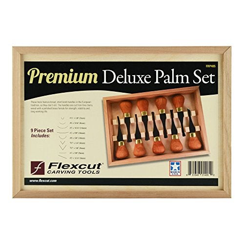 Flexcut Carving Tools Premium Deluxe Palm Set FRP405  9Piece Set of Palm Tools  RazorSharp 1095 High Carbon Steel Blades  Ergonomic Cherry Hardwood Handles  Made in The USA