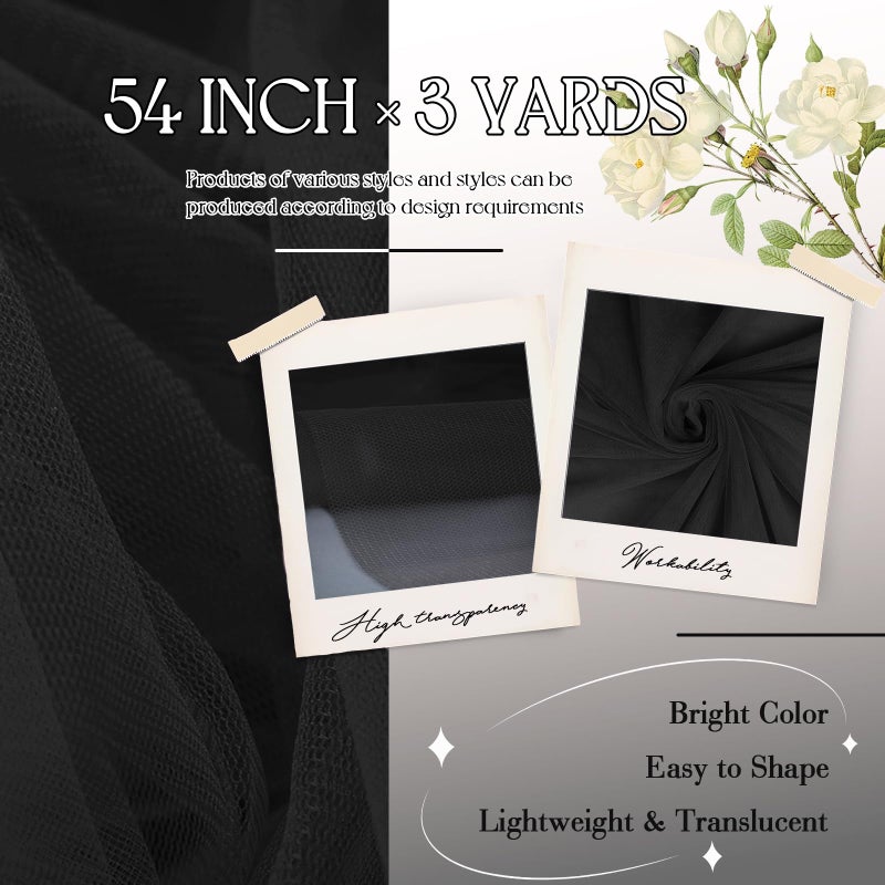 vveiiye Black Soft Mesh Fabric 54 Inch by 3 Yards, No Stretch Sheer Mesh Netting, Tulle Gauze Fabric for Wedding Dress Prom Gown Corset Base Dance Costume Crafts - Image 2