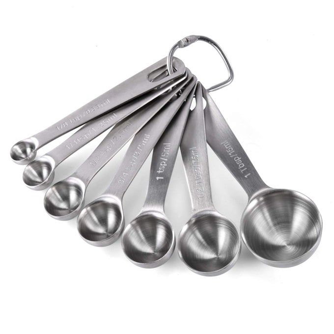 188 STAINLESS STEEL MEASURING SPOONS SET 7 PIECE 18 14 12 34 TSP 1 TSP 12 1 TBSP FOR DRY LIQUID INGREDIENTS
