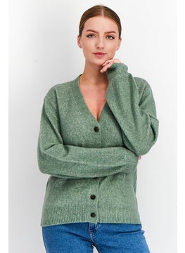 Women V-Neck Long Sleeves Knit Cardigan, Sage Green