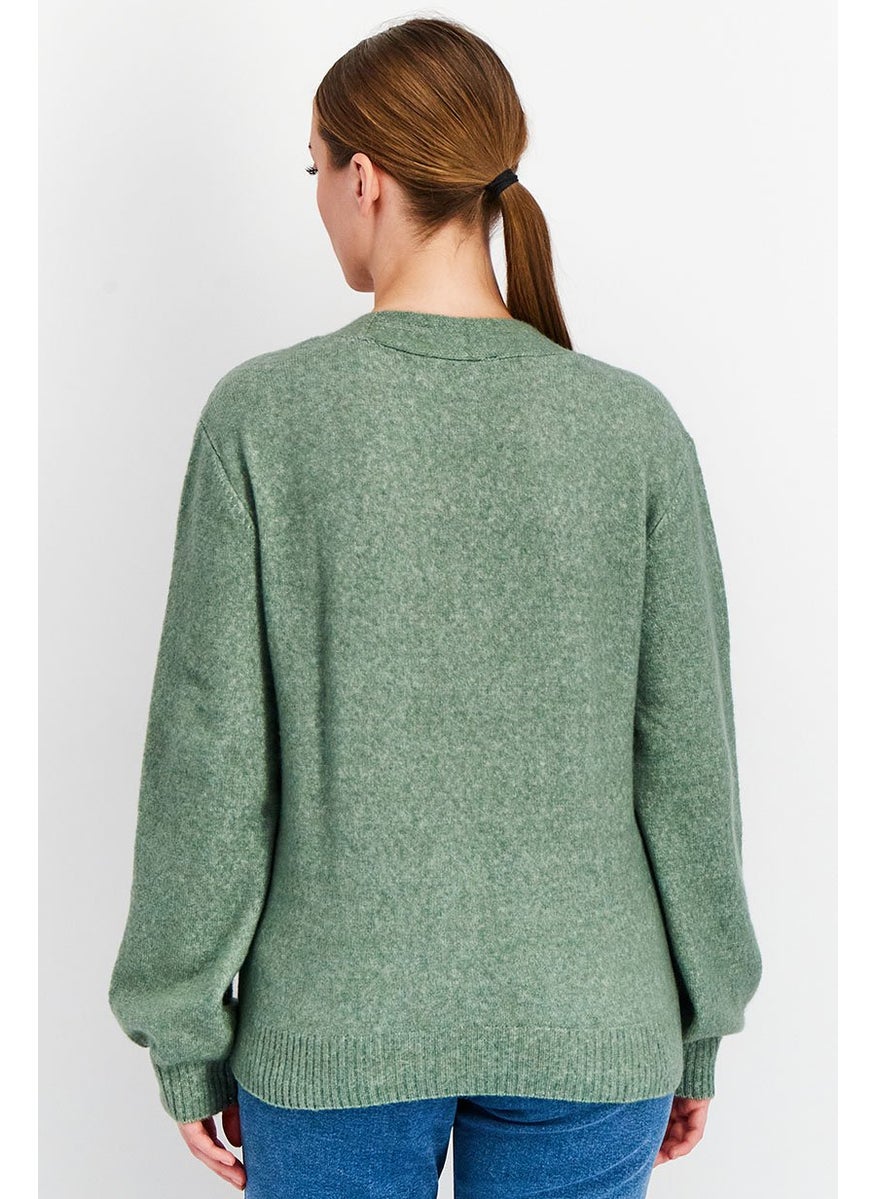 Tchibo - Women V-Neck Long Sleeves Knit Cardigan, Sage Green - Image 1