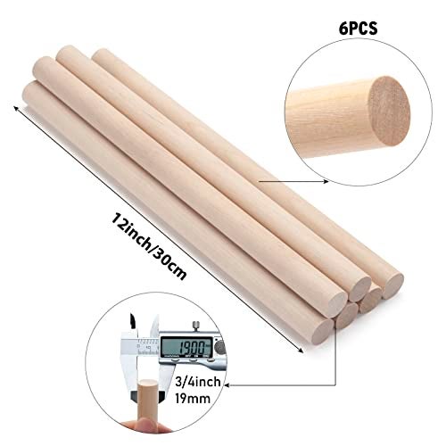 Coowayze 3/4 x 12 Wooden Dowels Wooden Sticks for Crafts, 6 PCS Macrame Wood Dowel Rods, Unfinished Hard Wood Sticks for Crafting, Arts and DIYers, Tiered Cake Support and Wedding Ribbon Wands - Image 2