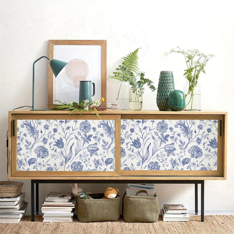 lenify Floral Peel and Stick Wallpaper Blue Contact Paper 16.9inch x 118.1inch Blue and White Wallpaper Boho Removable Vintage Wall Paper Self Adhesive Flower Decor Vinyl for Cabinets Drawer - Image 3