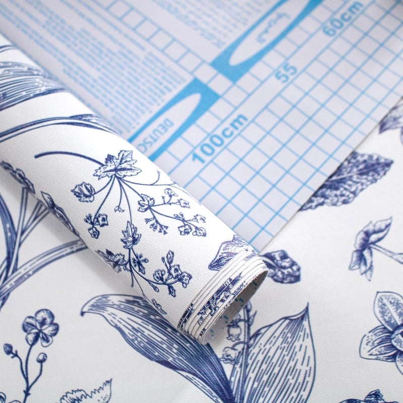 lenify Floral Peel and Stick Wallpaper Blue Contact Paper 16.9inch x 118.1inch Blue and White Wallpaper Boho Removable Vintage Wall Paper Self Adhesive Flower Decor Vinyl for Cabinets Drawer - Image 5