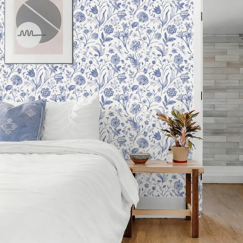 lenify Floral Peel and Stick Wallpaper Blue Contact Paper 16.9inch x 118.1inch Blue and White Wallpaper Boho Removable Vintage Wall Paper Self Adhesive Flower Decor Vinyl for Cabinets Drawer - Image 4