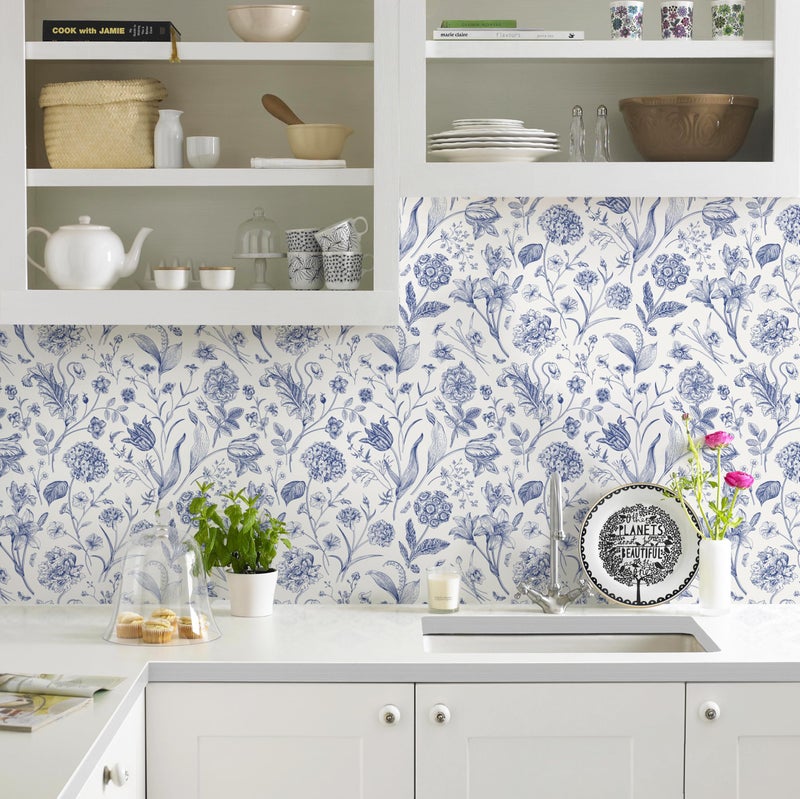 lenify Floral Peel and Stick Wallpaper Blue Contact Paper 16.9inch x 118.1inch Blue and White Wallpaper Boho Removable Vintage Wall Paper Self Adhesive Flower Decor Vinyl for Cabinets Drawer - Image 2