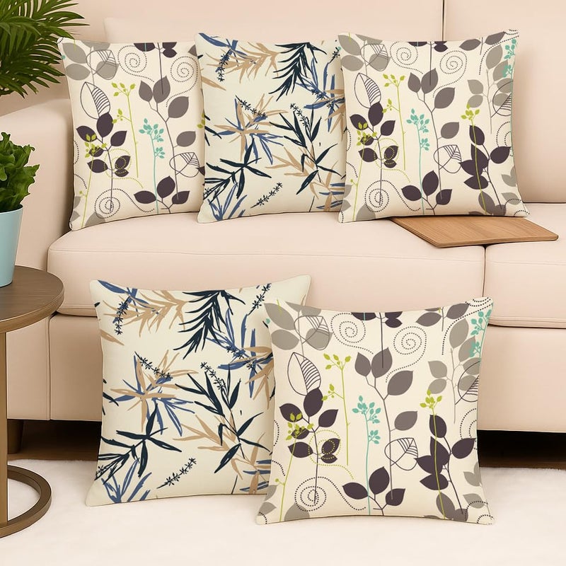 BRICK HOME Set of 5 Polycotton Printed Cushion Covers 16x16 Inches | Botanical Leaf Design | Navy Blue, Beige, Brown & Green | Soft Decorative Pillow Covers for Sofa, Couch & Living Room - Image 2