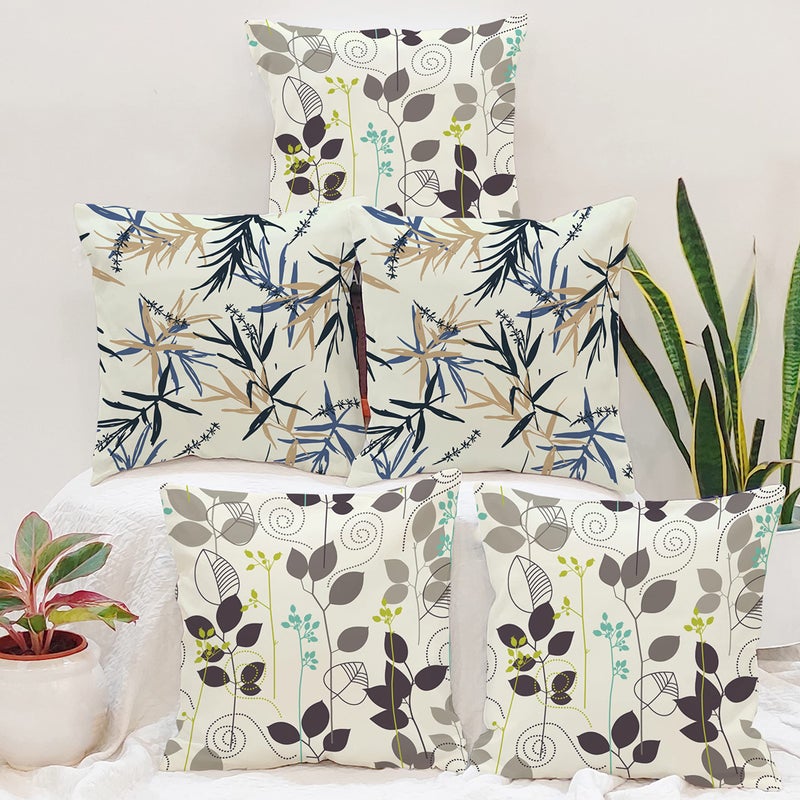 BRICK HOME Set of 5 Polycotton Printed Cushion Covers 16x16 Inches | Botanical Leaf Design | Navy Blue, Beige, Brown & Green | Soft Decorative Pillow Covers for Sofa, Couch & Living Room - Image 5