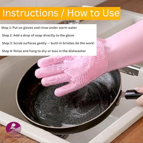 DIVAYANSHI Silicone Cleaning Gloves for Dishwashing & Household Use | Heat Resistant, Reusable, Non-Slip Scrub Gloves for Kitchen, Car, gardening, Pet Hair & Bathroom Cleaning – 1 Pair - Image 5