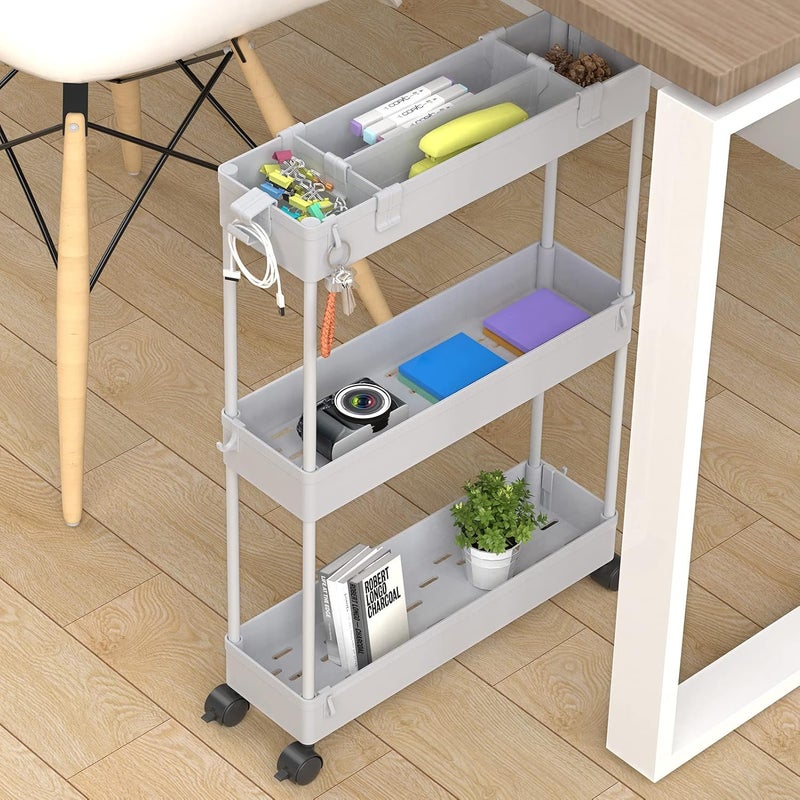 SPACELEAD SAKA Slim Storage Cart,3 Tier Bathroom Rolling Utility Cart Storage Organizer Slide Out Cart, Mobile Shelving Unit Organizer Trolley for Office Bathroom Kitchen Laundry Room Narrow Places, Grey - Image 3