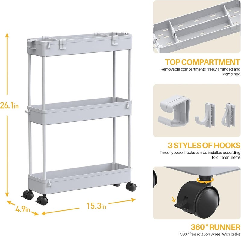SPACELEAD SAKA Slim Storage Cart,3 Tier Bathroom Rolling Utility Cart Storage Organizer Slide Out Cart, Mobile Shelving Unit Organizer Trolley for Office Bathroom Kitchen Laundry Room Narrow Places, Grey - Image 4
