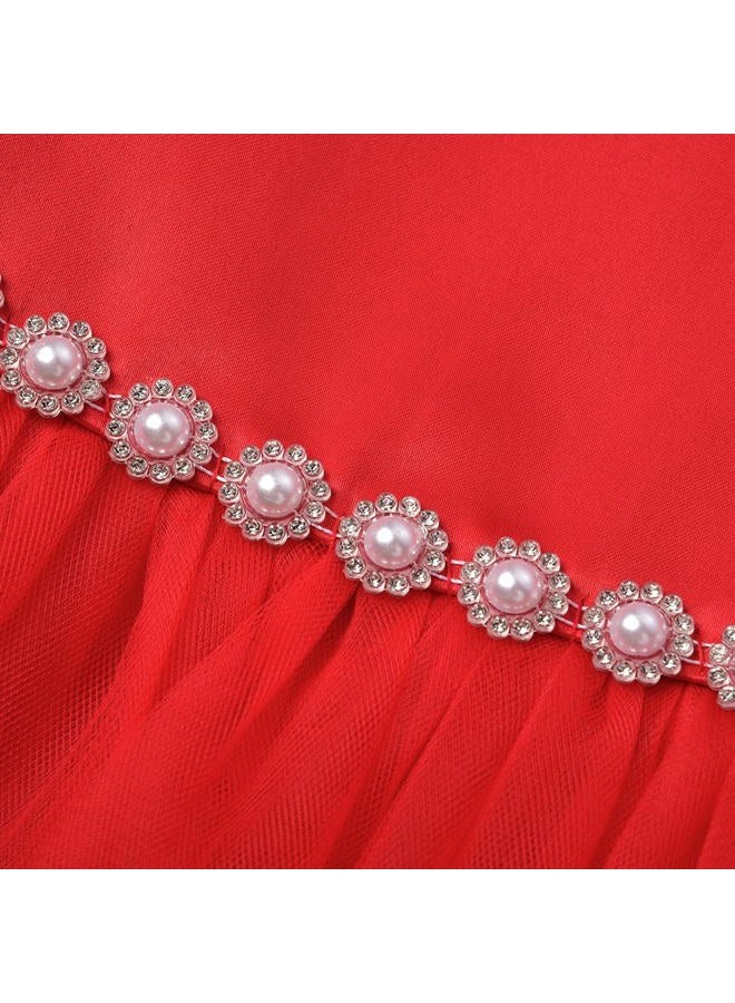 Uhnice Flower Girl Pearl Dress Tulle Ball Gown Bow Prom with Heart Cutout for Wedding Birthday Party (Red, 130/6-7 Years) - Image 5