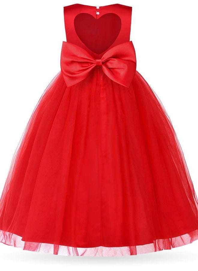 Uhnice Flower Girl Pearl Dress Tulle Ball Gown Bow Prom with Heart Cutout for Wedding Birthday Party (Red, 130/6-7 Years) - Image 1