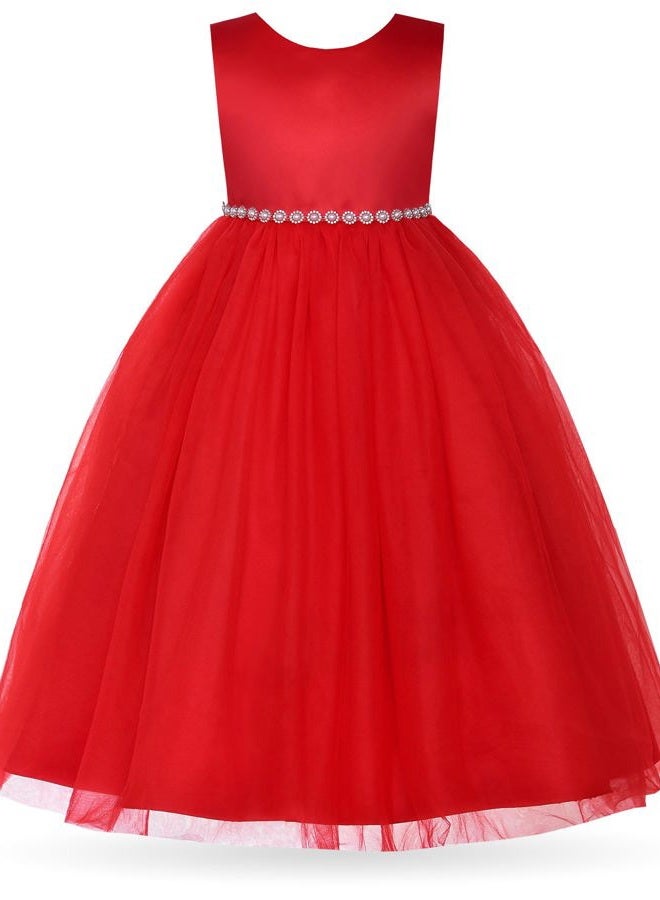 Uhnice Flower Girl Pearl Dress Tulle Ball Gown Bow Prom with Heart Cutout for Wedding Birthday Party (Red, 130/6-7 Years) - Image 3