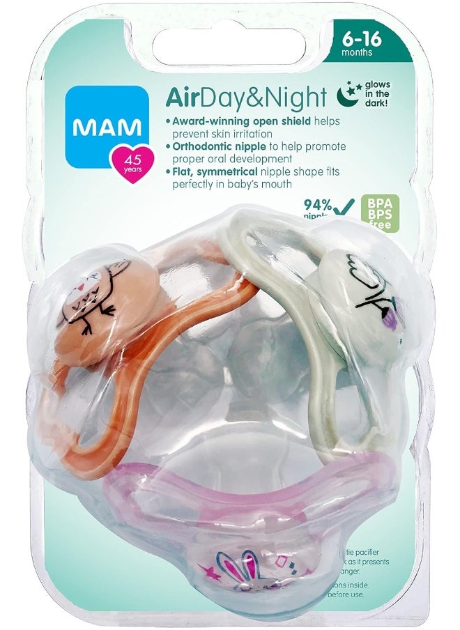 MAM MAM Air Night & Day Baby Pacifier, for Sensitive Skin, Glows in The Dark, 6-16 Months, Girl, 3 Count (Pack of 1)  - Image 2
