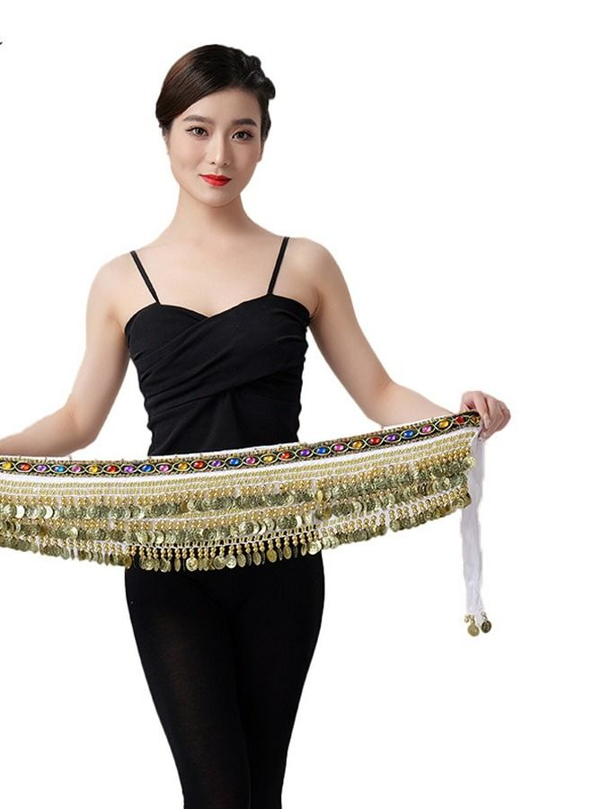 Loquat Coins Pendant Diamond Waist Chain Skirt Belly Dance Tassel Waist Wrap Belt Skirts Party Rave Costume White