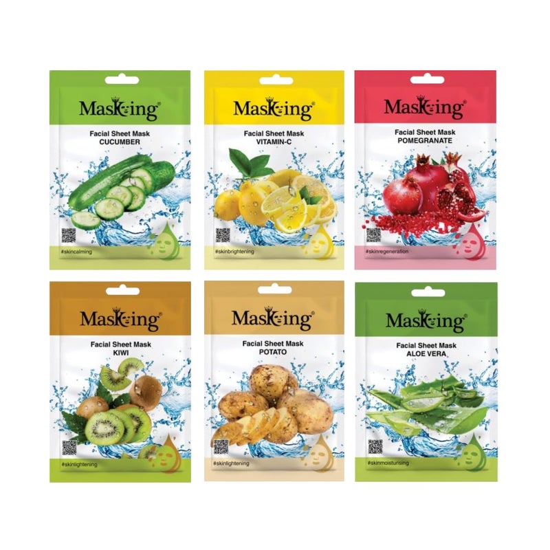 MasKing Beauty Cucumber VitaminC Pomegranate Kiwi Potato Alovera extract Facial sheet mask for glowing and hydrating daily Skin care combo pack of 6 - Image 1