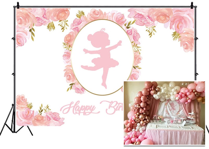 Leyiyi 5x3ft Pink Abstract Little Girl Ballerina in Tutu Dress Dancing Backdrop Pink Flower Happy Birthday Background Baby Shower Decoration Polyester Photo Studio Props - Image 1