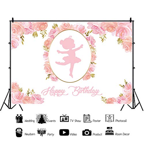 Leyiyi 5x3ft Pink Abstract Little Girl Ballerina in Tutu Dress Dancing Backdrop Pink Flower Happy Birthday Background Baby Shower Decoration Polyester Photo Studio Props - Image 2