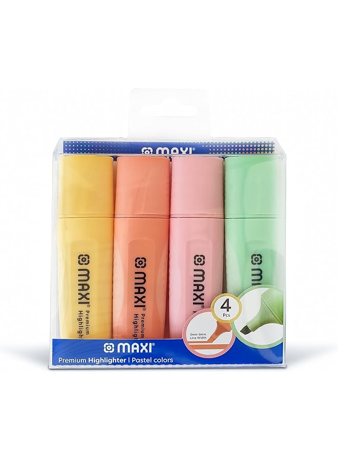 Maxi Premium Highlighter 4Pc Pastel Colour Yellow Green Orange And Pink 2 Different Line Widths 2 And 5 Mm Durable Chisel Tip - Image 1