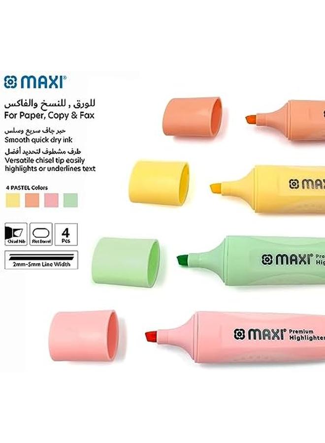 Maxi Premium Highlighter 4Pc Pastel Colour Yellow Green Orange And Pink 2 Different Line Widths 2 And 5 Mm Durable Chisel Tip - Image 2