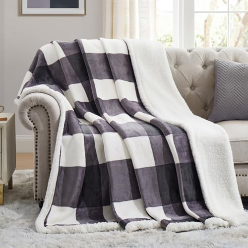 PU MEI Sherpa Blanket Fleece Throw Blanket Full Queen Plaid Thick Bed Blanket, Soft Warm Cozy Dark Grey Checkered Throw Blanket 80"*90" - Image 1