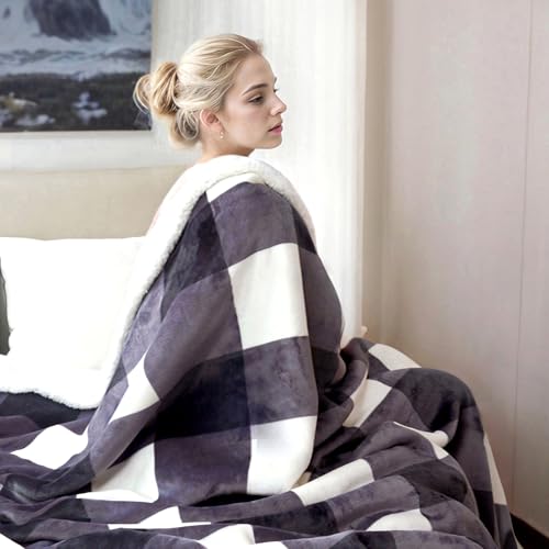 PU MEI Sherpa Blanket Fleece Throw Blanket Full Queen Plaid Thick Bed Blanket, Soft Warm Cozy Dark Grey Checkered Throw Blanket 80"*90" - Image 2