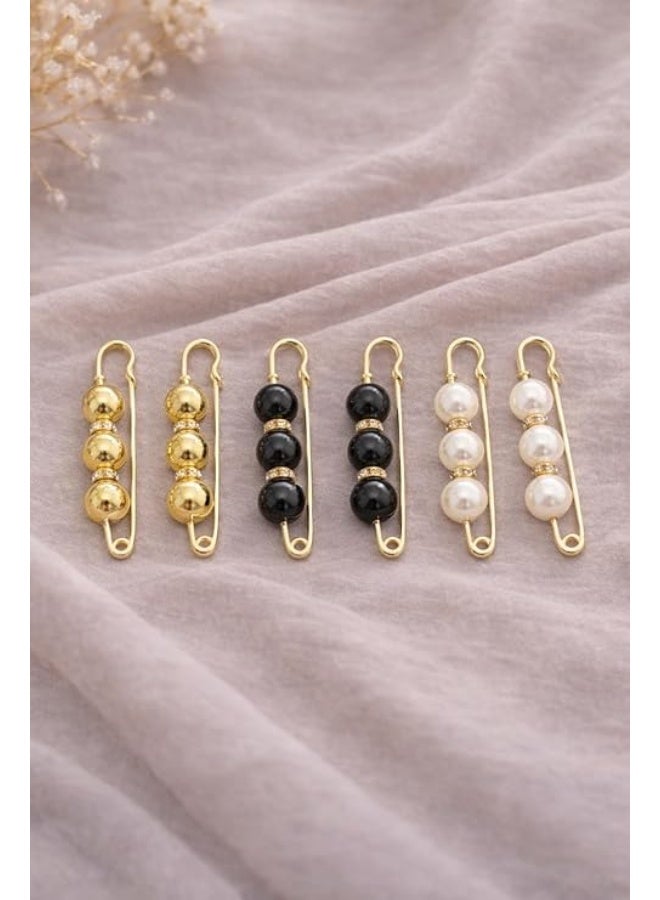 Decorative Beaded Brooch Pins with Gold Hook for Hijab, Shawls, Bags & Clothes – Elegant Women’s Accessory – White, Black & Gold - Image 1