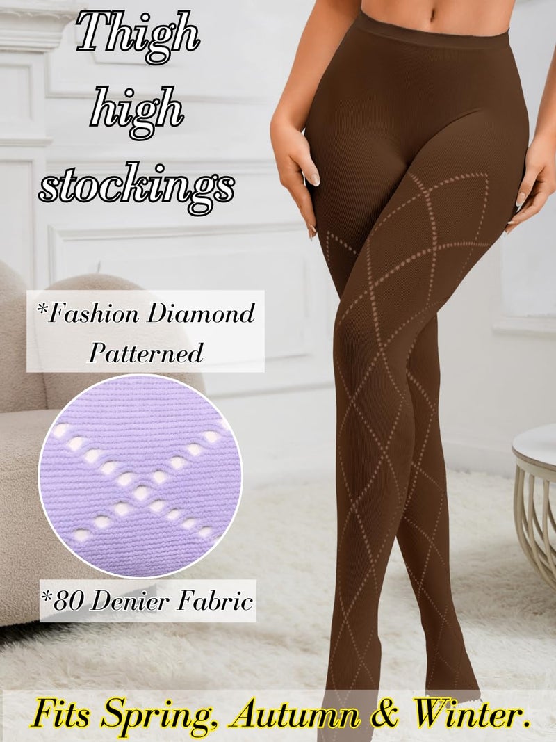 ShawGobow Diamond Pattern Tights,Control Top Pantyhose For Women,Fall Stockings Christmas Party Date Night Brown - Image 2