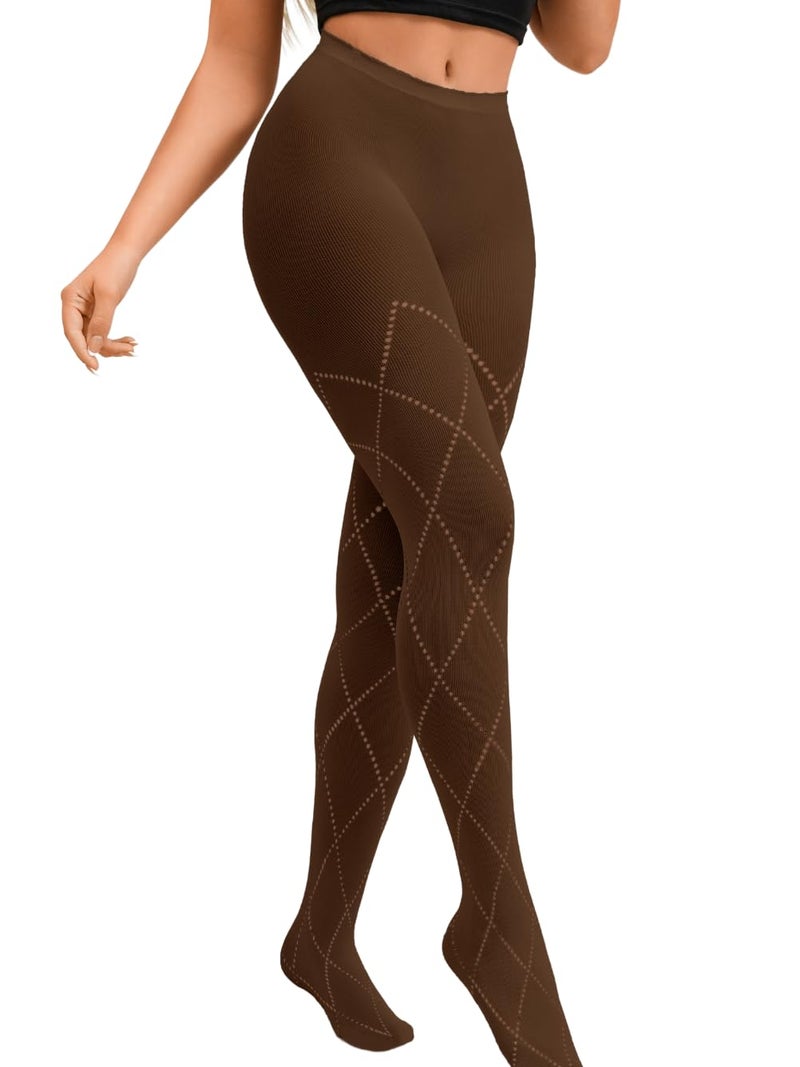 ShawGobow Diamond Pattern Tights,Control Top Pantyhose For Women,Fall Stockings Christmas Party Date Night Brown - Image 1