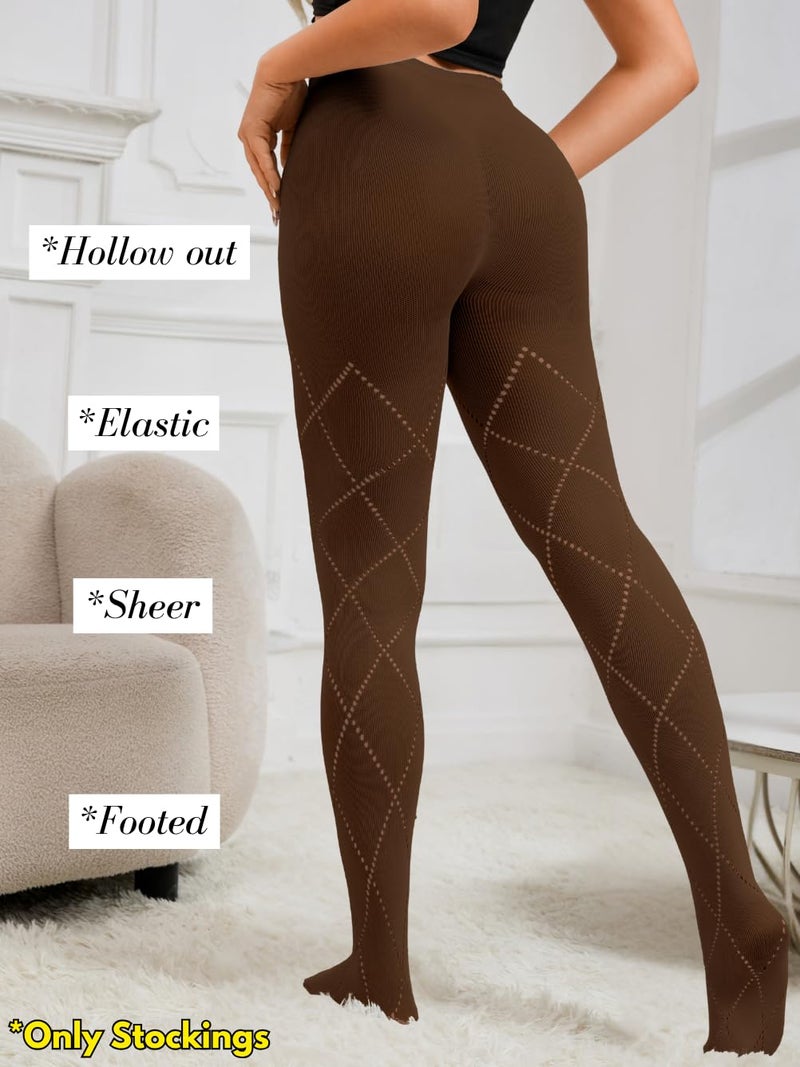 ShawGobow Diamond Pattern Tights,Control Top Pantyhose For Women,Fall Stockings Christmas Party Date Night Brown - Image 3