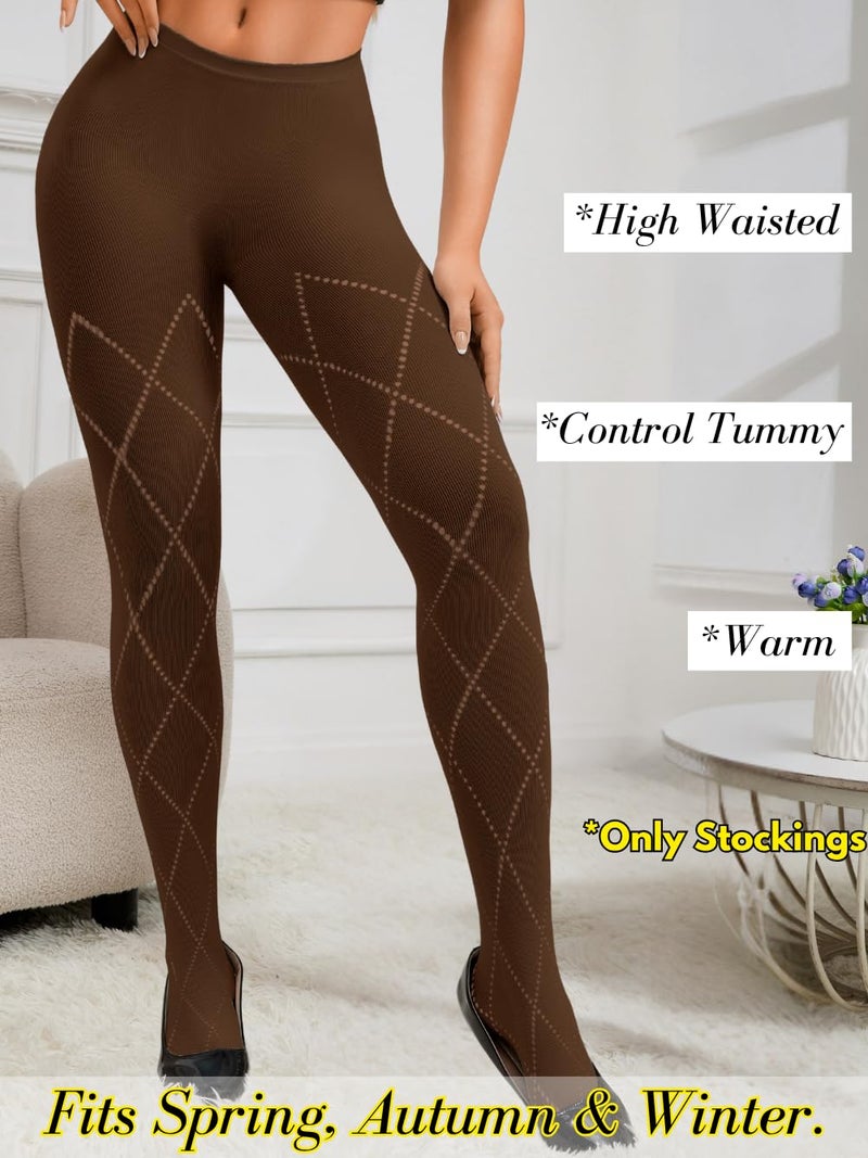 ShawGobow Diamond Pattern Tights,Control Top Pantyhose For Women,Fall Stockings Christmas Party Date Night Brown - Image 4