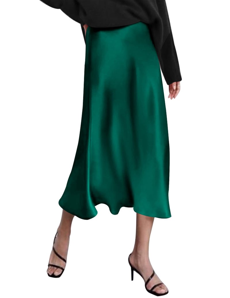 Zeagoo Women Satin Skirts High Waist Midi Skirt Elegant Zipper Solid Skirt X-Small Green - Image 1