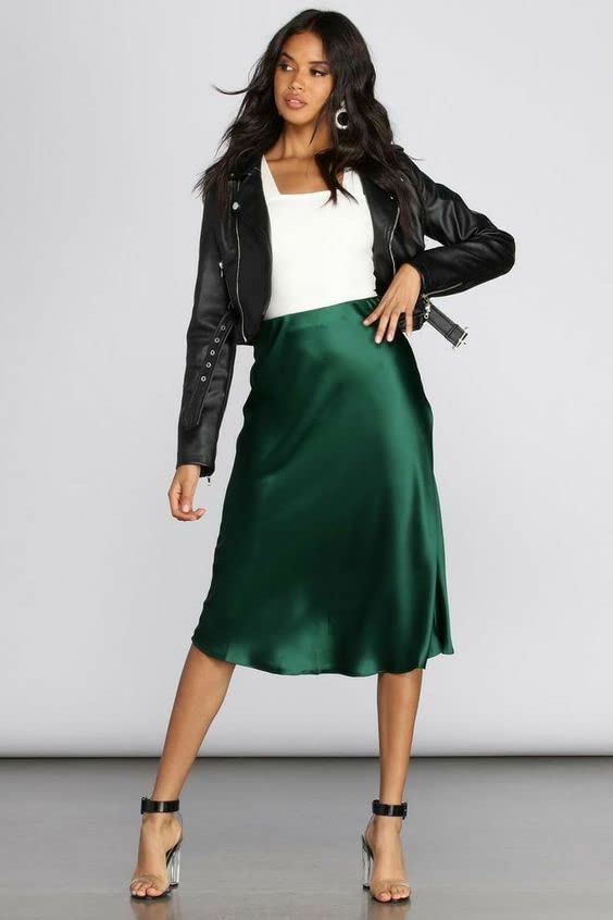 Zeagoo Women Satin Skirts High Waist Midi Skirt Elegant Zipper Solid Skirt X-Small Green - Image 4