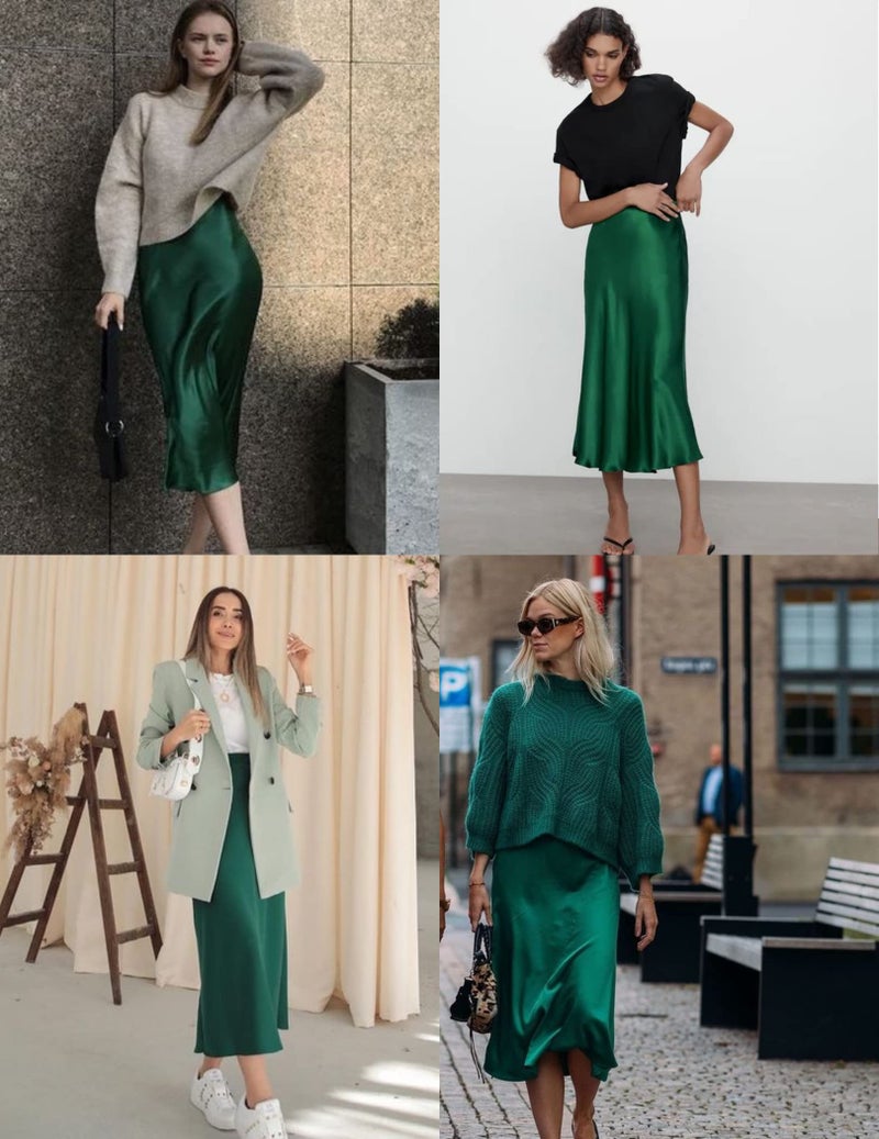Zeagoo Women Satin Skirts High Waist Midi Skirt Elegant Zipper Solid Skirt X-Small Green - Image 2
