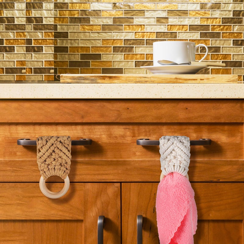 Hand Woven Macrame Dish Towel Holder Rings Nordic Style 3pcs White Gray Light Brown - Image 5