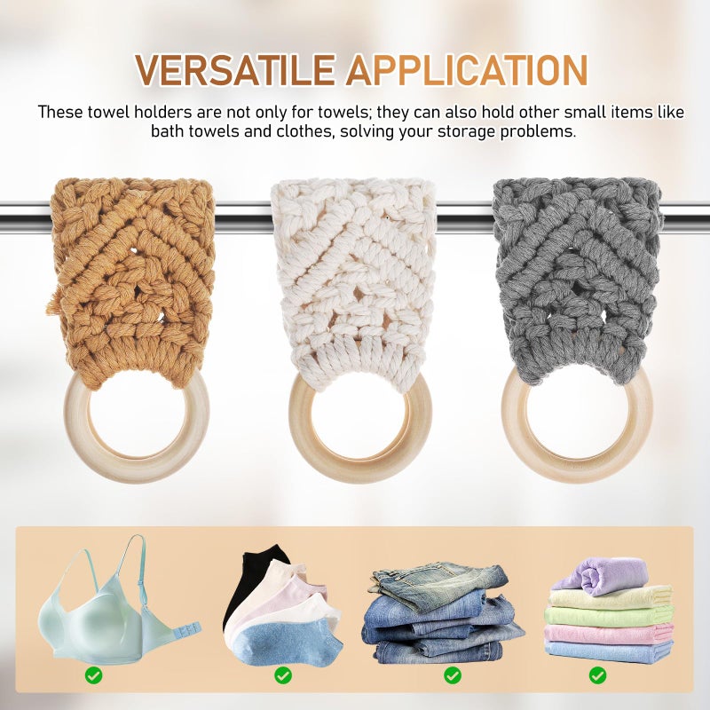 Hand Woven Macrame Dish Towel Holder Rings Nordic Style 3pcs White Gray Light Brown - Image 4