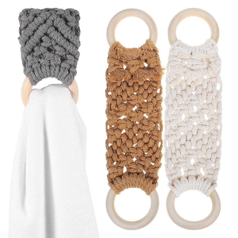 Hand Woven Macrame Dish Towel Holder Rings Nordic Style 3pcs White Gray Light Brown - Image 2