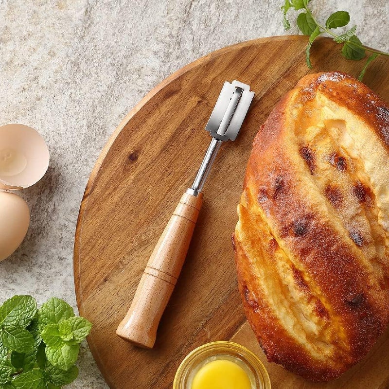 Saint Germain Bakery Round Banneton Proofing Basket and Bread Lame Set – 9 Inch Natural Rattan Bread Basket with Liner, 10 Blades & Leather Cover – Sourdough Baking Kit Gift for Beginners and Bakers - Image 3