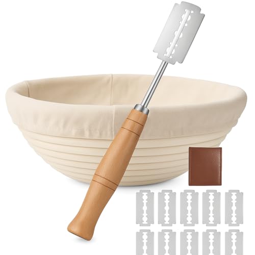 Saint Germain Bakery Round Banneton Proofing Basket and Bread Lame Set – 9 Inch Natural Rattan Bread Basket with Liner, 10 Blades & Leather Cover – Sourdough Baking Kit Gift for Beginners and Bakers - Image 1