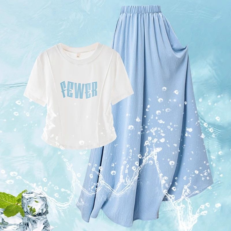 Girls suit Summer New Korean Style Fashionable Internet Celebrant Little Girl Casual Short-Sleeved Wide-Leg Pants Two-Piece Set blue - Image 5